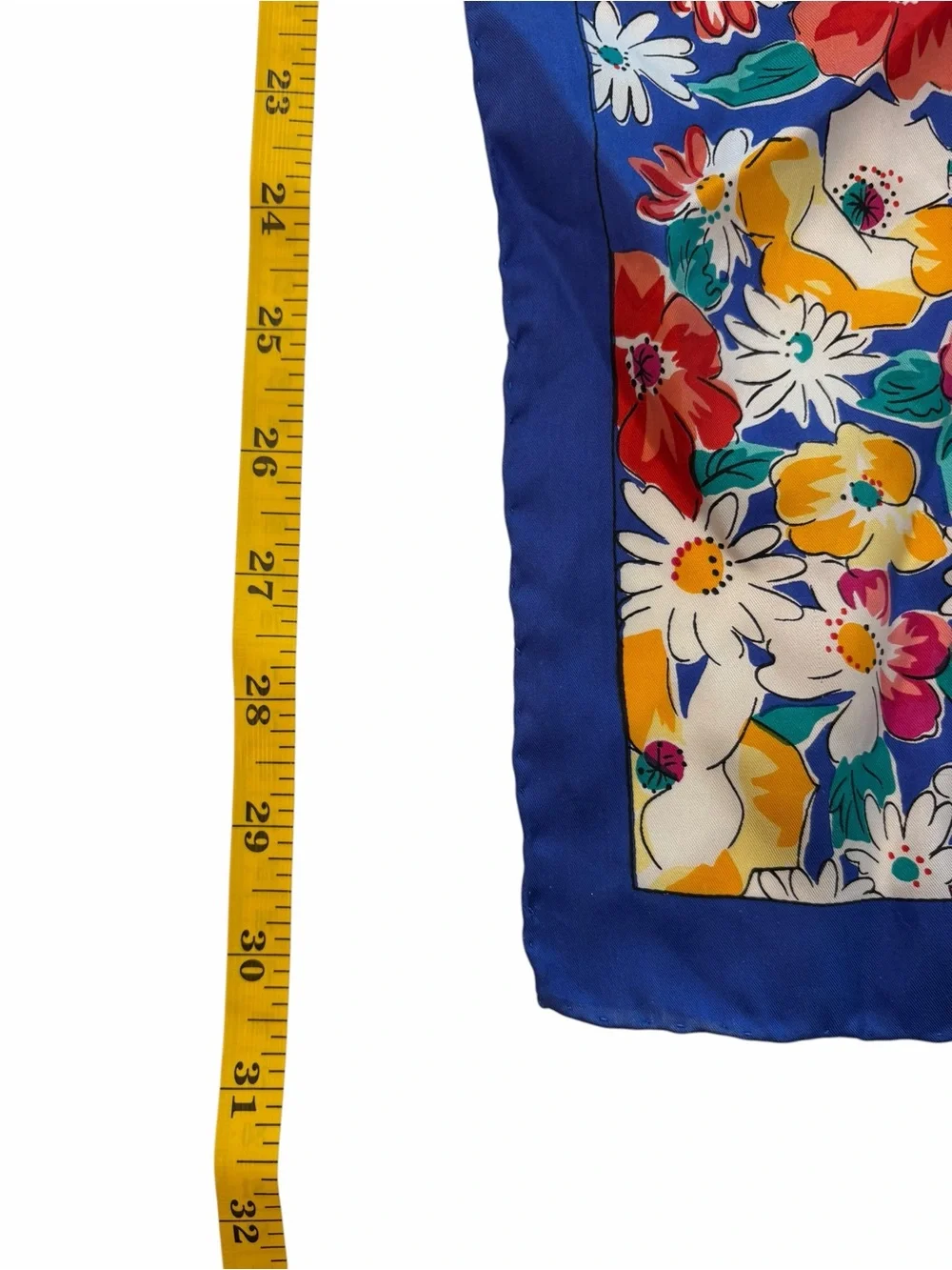Floral Silk Scarf Hand Rolled Edges Colorful Bright 30”x30” Blue Border Cottage